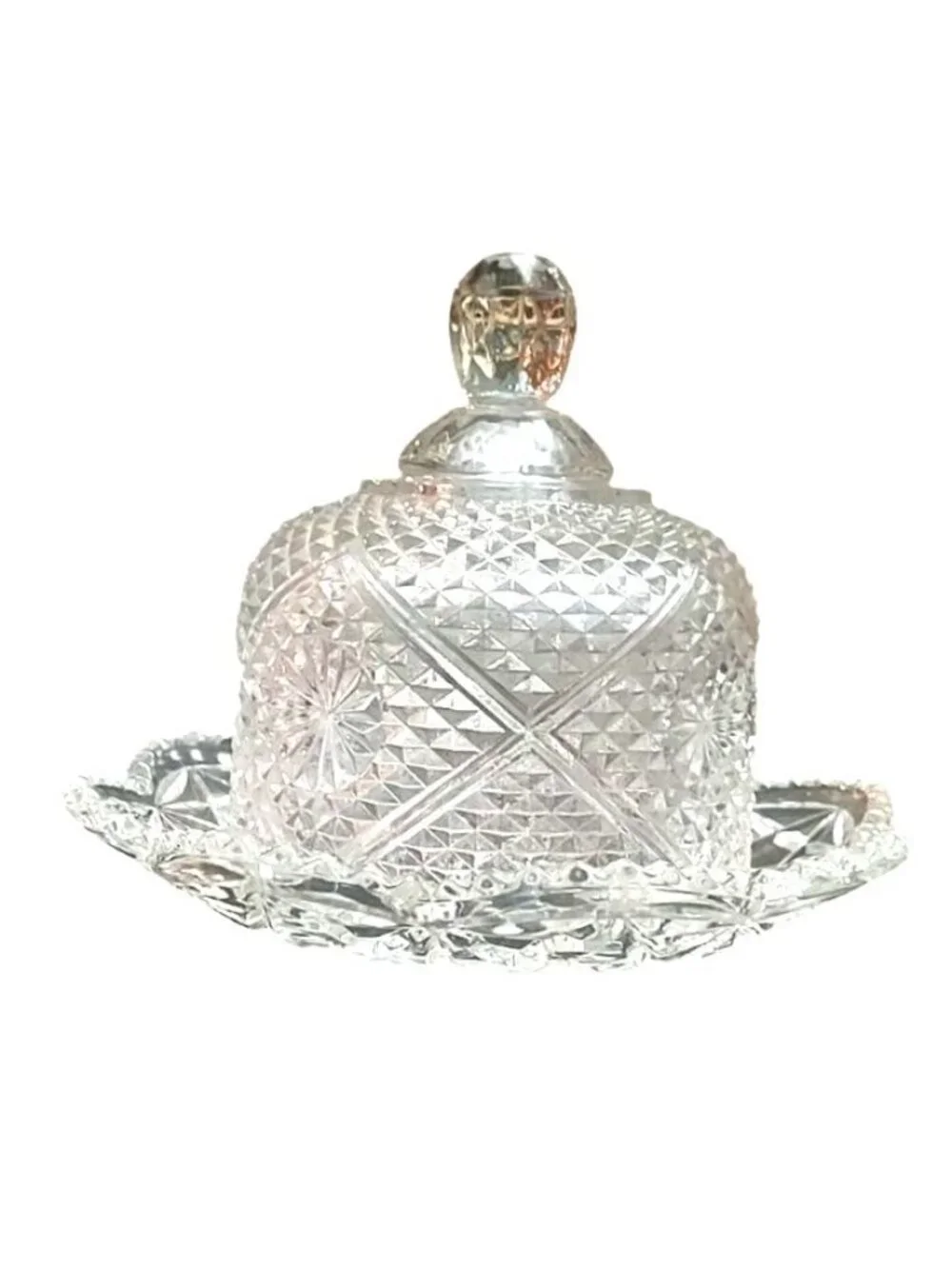 Glass Covered Butter Dish  Raised Diamond Cut Starburst Avon By Fostoria Vintage